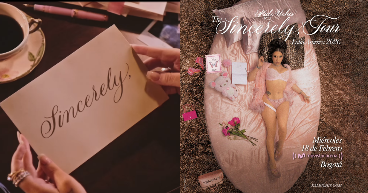 Imagen a la izquierda de las manos de una mujer con una carta en la que se lee Sincerely, el nombre del tour de la artista. A la derecha el cartel promocional del concierto en el que se ve la artista acostada en un colchón rosado.