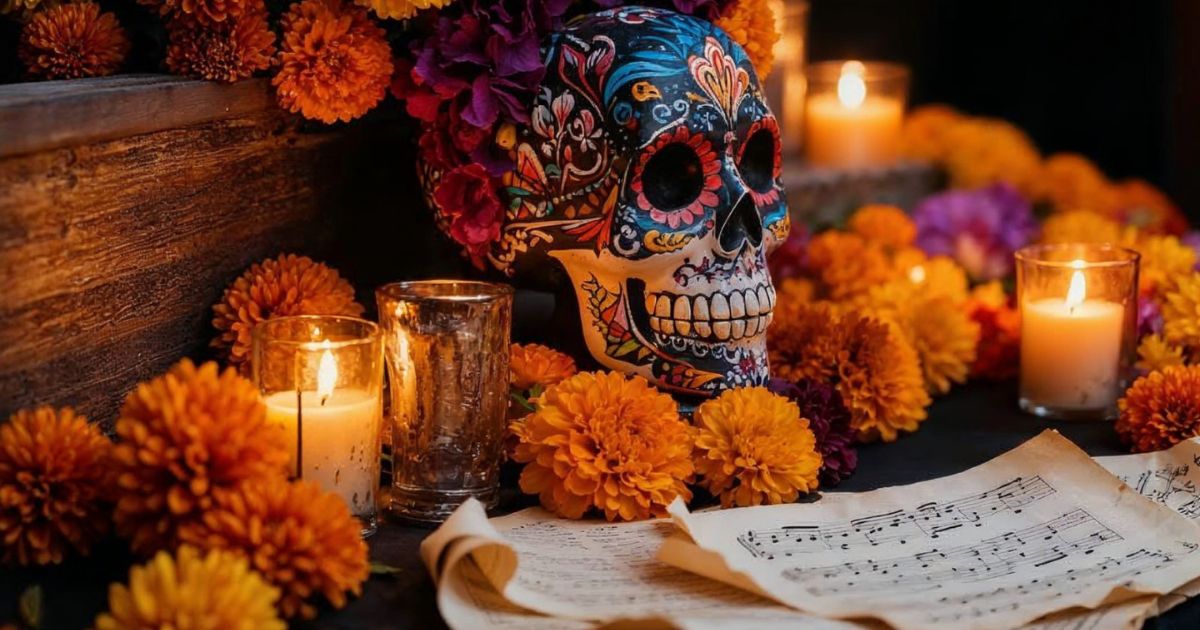 Imagen de calavera decorada con flores, velas y unas hojas con piezas musicales
