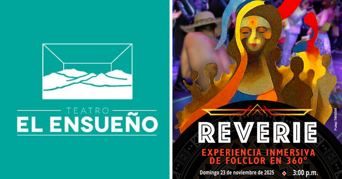 Imagen a la derecha del logo del Teatro El Ensueño en blanco y con fondo verde aguamarina, a la derecha cartel de la obra con toda la información al respecto.