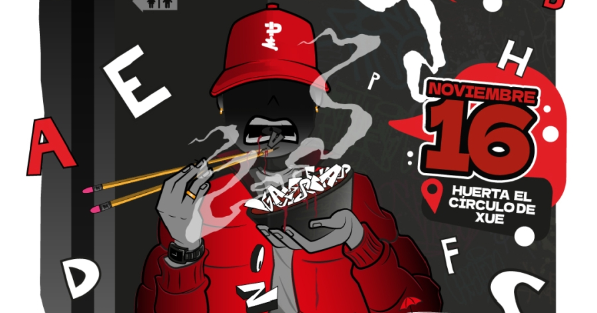 Imagen del cartel del evento donde se aprecia una imagen de un hombre vestido con chaquera y gorra roja con dos lapices en su mano que usa como palillos chinos