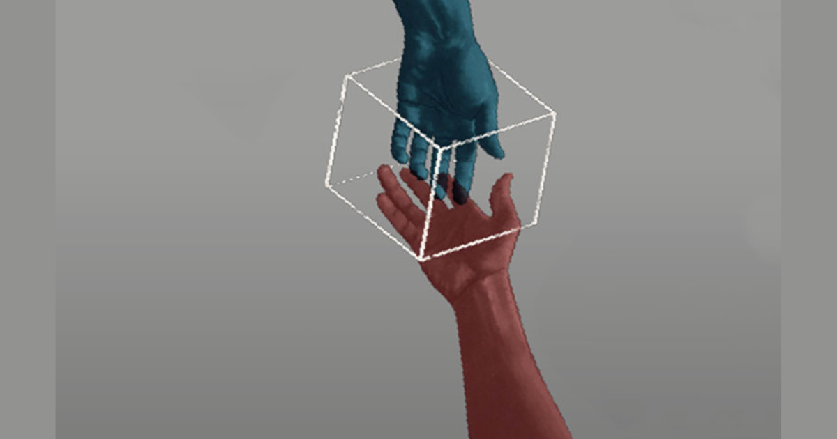 Imagen promocional de la obta en la que se aprecia una mano azul y una blanca enmarcadas en un cubo.