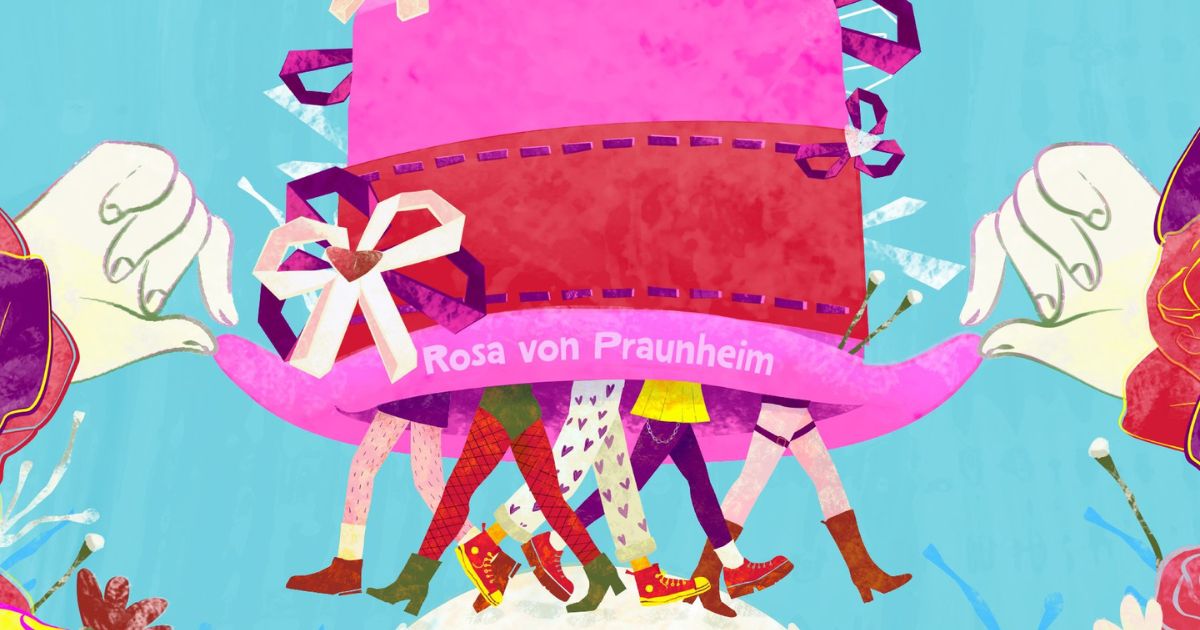 Imagen de afiche animado sombrero rosa marcado en letras con Rosa von Praunheim con diversas piernas cargándolo