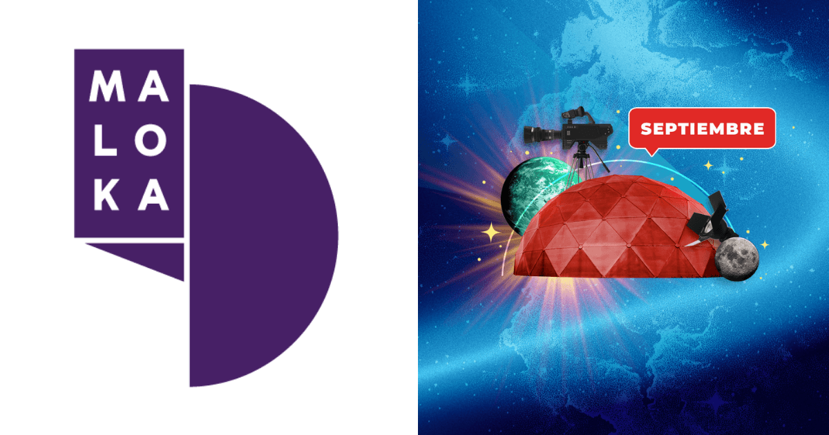 Logo de Maloka junto a ilustración espacial con domo rojo, cámara, telescopio, planeta, luna y el texto “SEPTIEMBRE” sobre fondo azul.