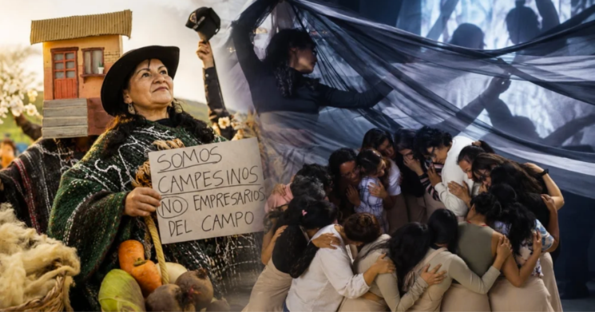 Imagen de la puesta en escena donde se ven varias personas en un circulo y de fondo se ve una mujer campesina y varias hortalizas.