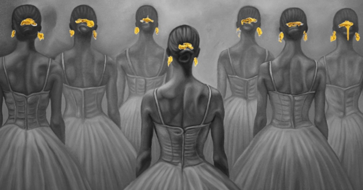 Imagen de una pintura donde se ven varias mujeres de espalda con el cabello recogido por un moño amarillo.
