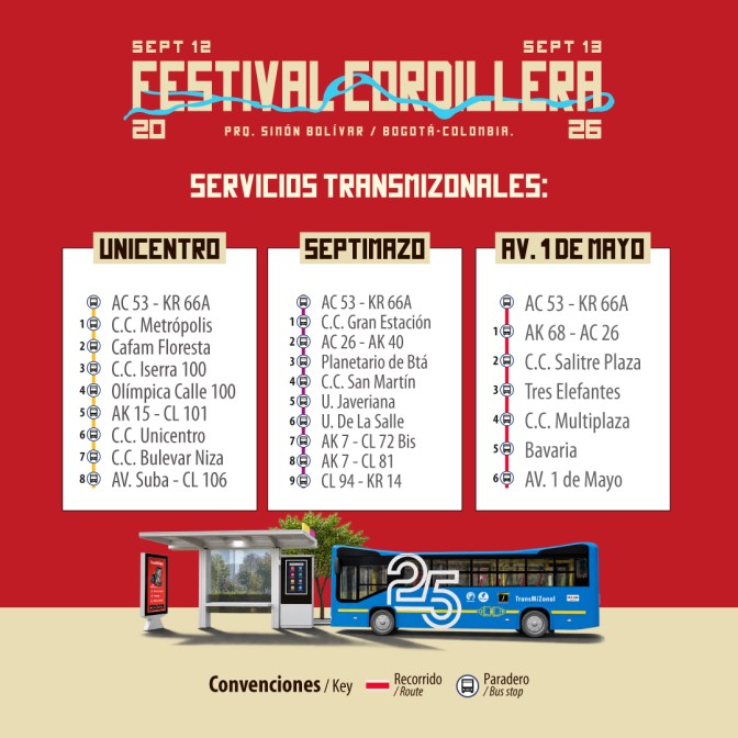 Rutas TransMilenio llegar o salir Festival Cordillera 2026 Bogotá
