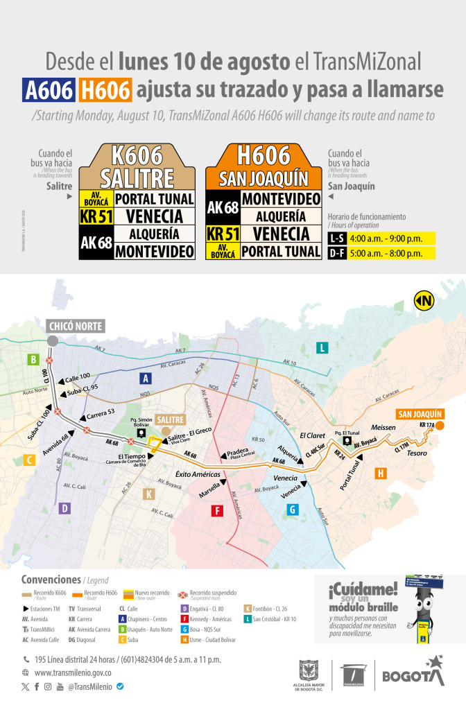 La ruta TransMiZonal A606 - H606 cambia de nombre en Bogotá