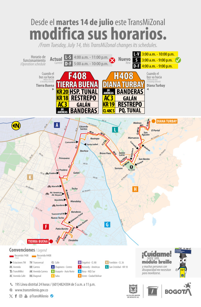  Ruta TransMiZonal F408 H408 modificó sus horarios en Bogotá