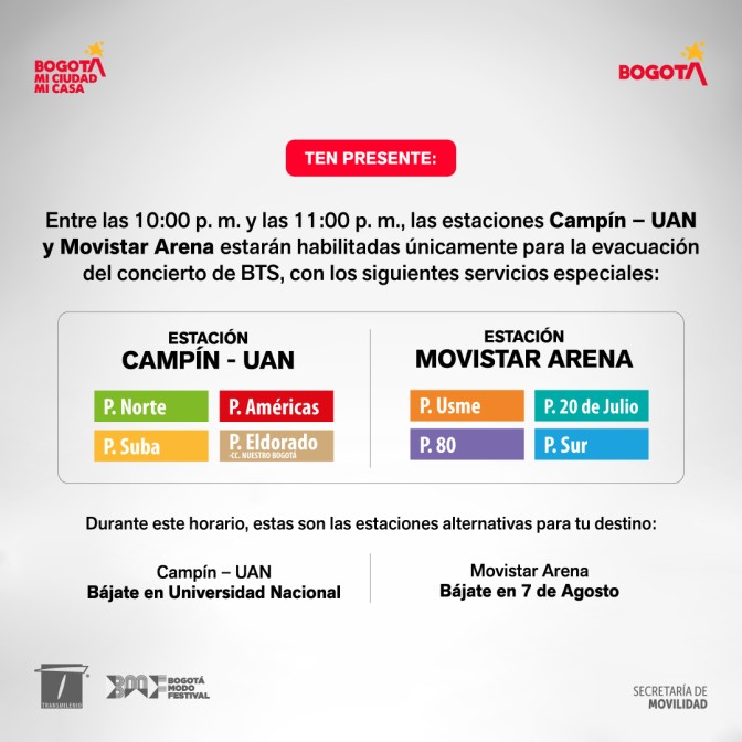 Rutas TransMilenio llegar y salir conciertos de BTS El Campín Bogotá