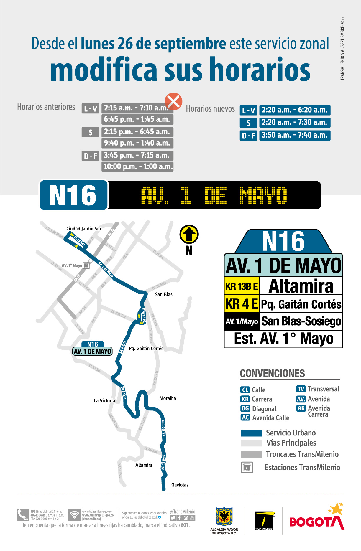 TransMilenio: ajustes en horarios de la ruta zonal N16 av. 1 de Mayo 