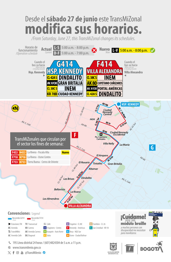 Ruta TransMiZonal G414 - F414 modificó sus horarios en Bogotá 