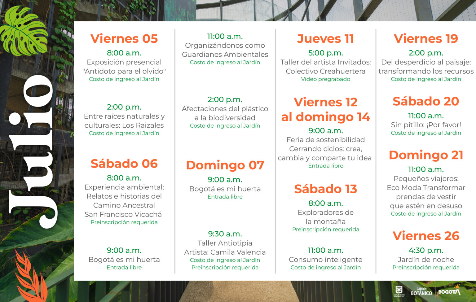 Agenda del Jardín Botánico de Bogotá 