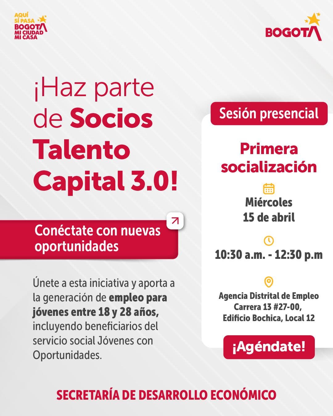 Asiste a Socios Talento Capital de la Agencia Distrital de Empleo de Bogotá miércoles 15 abril 2026