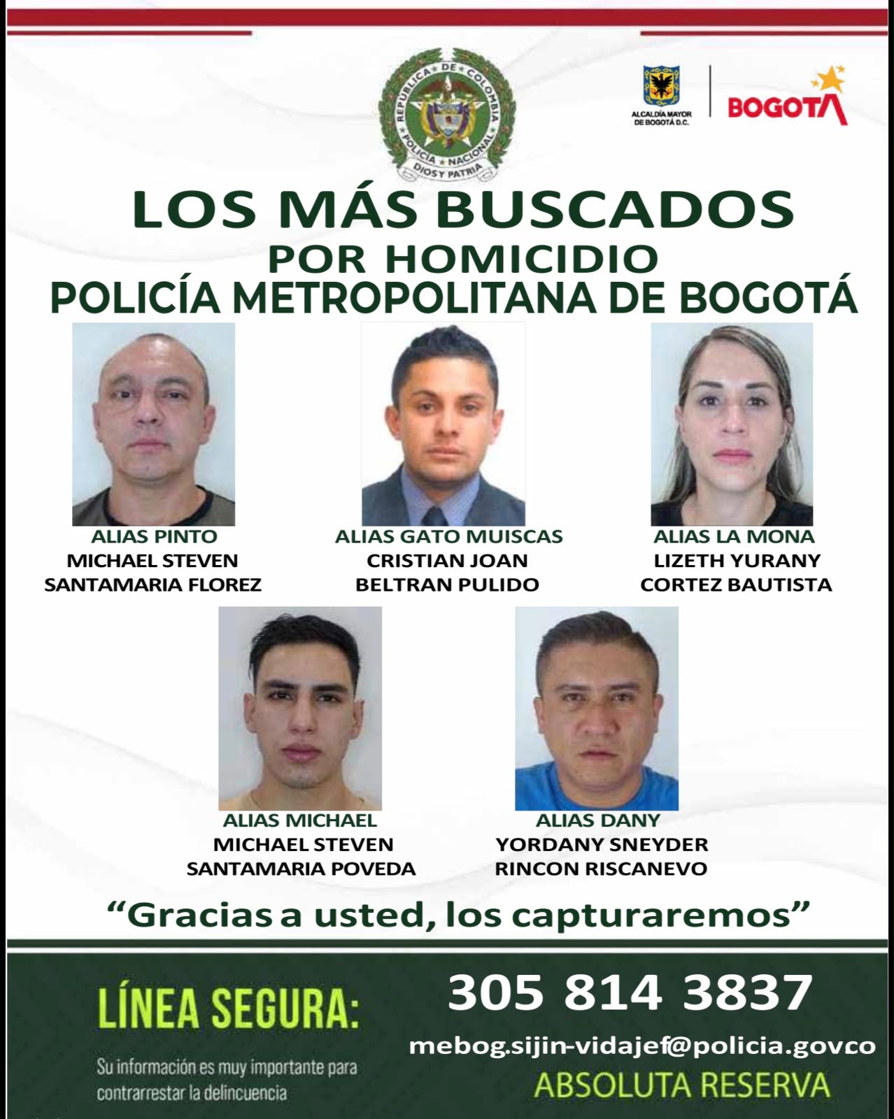 Cartel de los más buscados por homicidio, de la Policía de Bogotá.