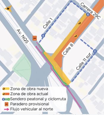 Cierre carril avenida NQS con calle Octava sur por obras Metro de Bogotá mapa 1.
