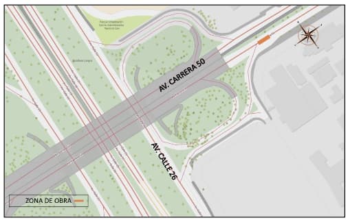 Cierre por obras de mantenimiento en carrera 50 con calle 26 en Bogotá mapa 2