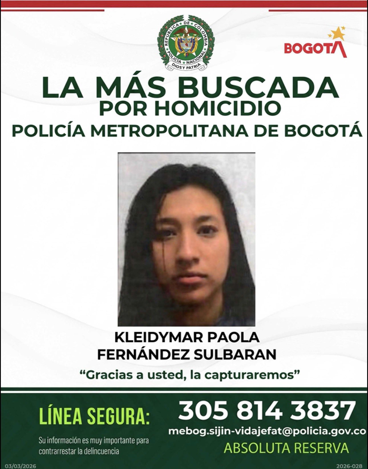 Mujer más buscada por homicidio.