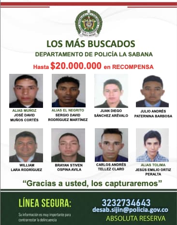 Imagen del cartel de los 8 más buscados por homicidio en Bogotá y municipios aledaños