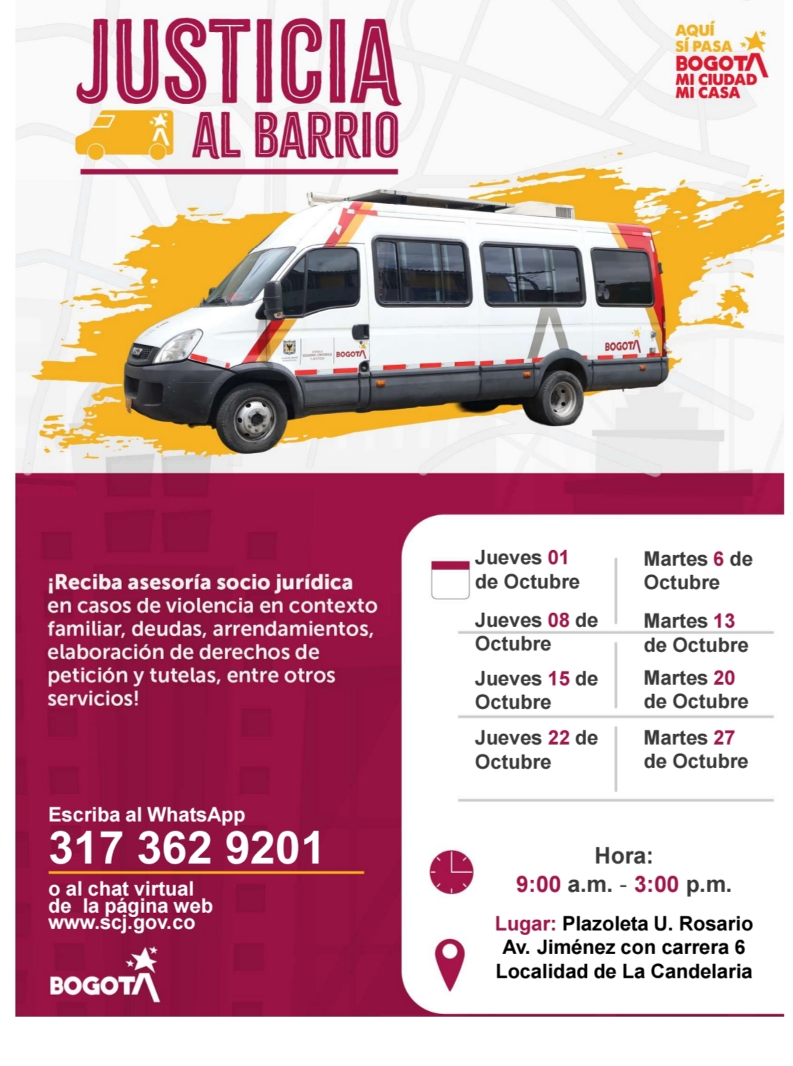 Flyer sobre la atención en Plazoleta de Universidad El Rosario, en La Candelaria.