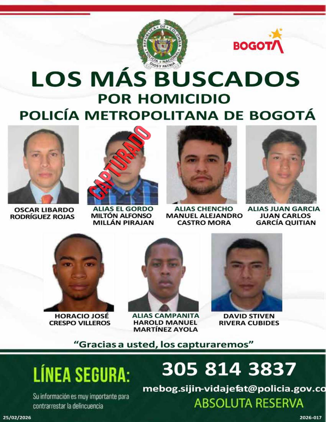 Cartel de los más buscados por homicidio, de la Policía de Bogotá.