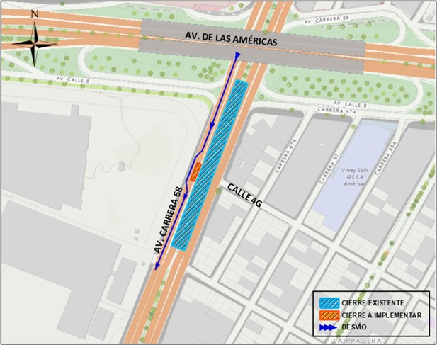 Cierre de un carril norte sur avenida carrera 68 con calle 4G Bogotá