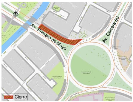 Movilidad Bogotá cierre en avenida Primero de Mayo entre carrera 50 y 51 mapa 1