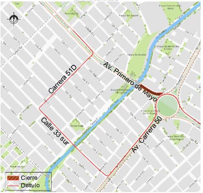 Movilidad Bogotá cierre en avenida Primero de Mayo entre carrera 50 y 51 mapa 2