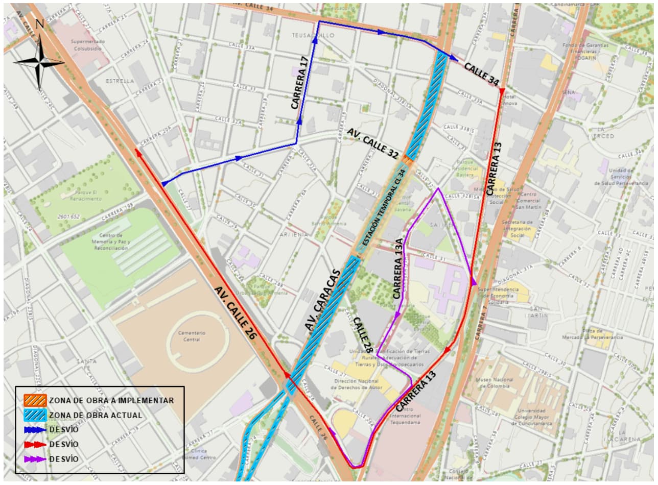 Movilidad en Bogotá cierre de calle 32 con avenida Caracas obras Metro mapa 2