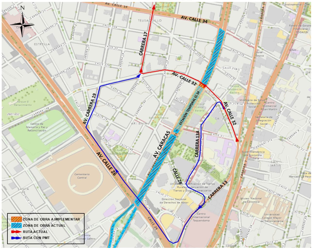 Movilidad en Bogotá cierre de calle 32 con avenida Caracas obras Metro mapa 3