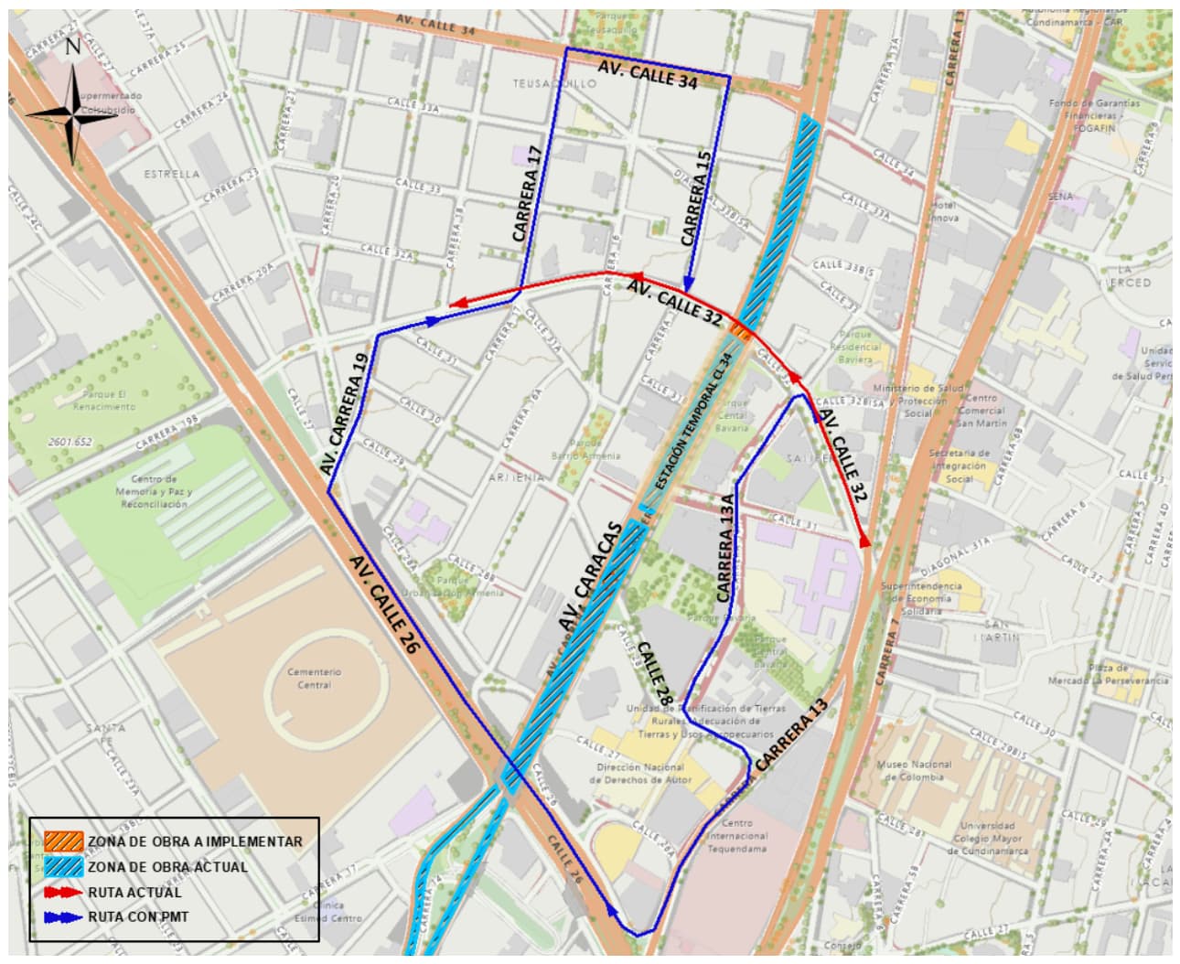 Movilidad en Bogotá cierre de calle 32 con avenida Caracas obras Metro mapa 5