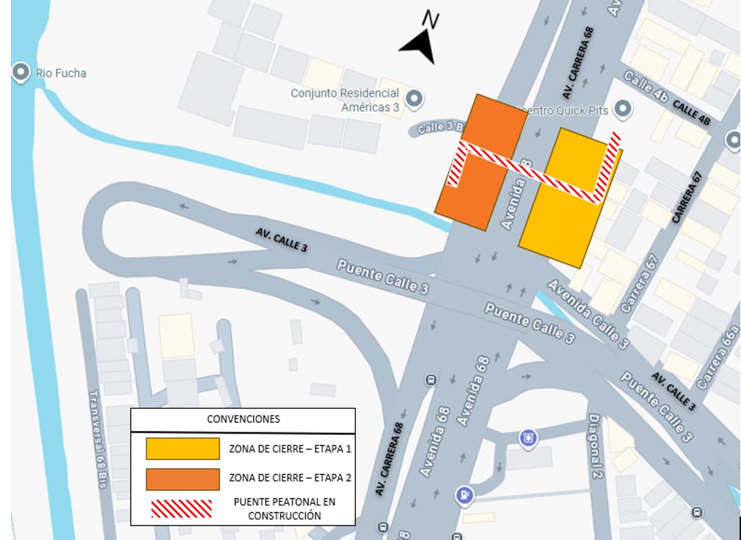 Movilidad en Bogotá cierre por obras en carrera 68 con calles 3 y 4B mapa 1