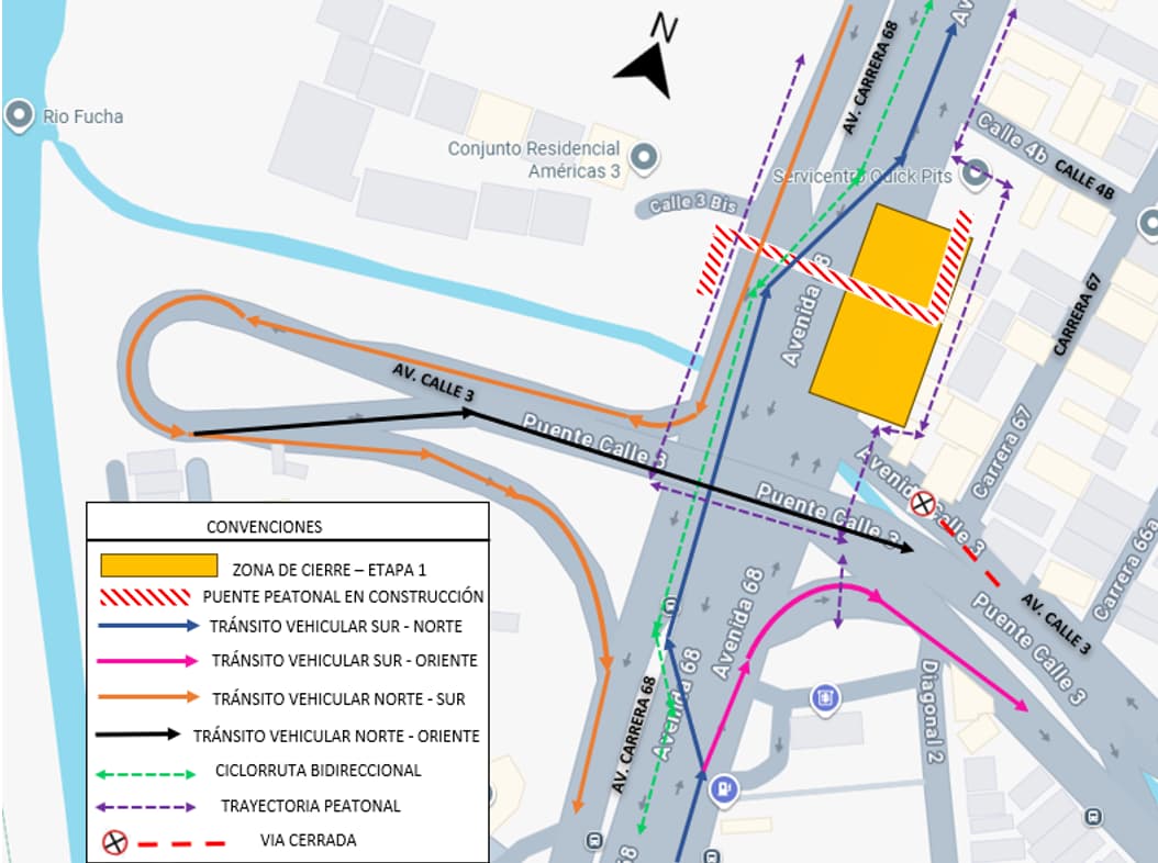 Movilidad en Bogotá cierre por obras en carrera 68 con calles 3 y 4B mapa 2