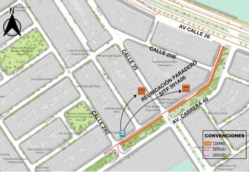 Obras Bogotá cierre de carril en carrera 40 entre calle 26 y calle 24C mapa 2
