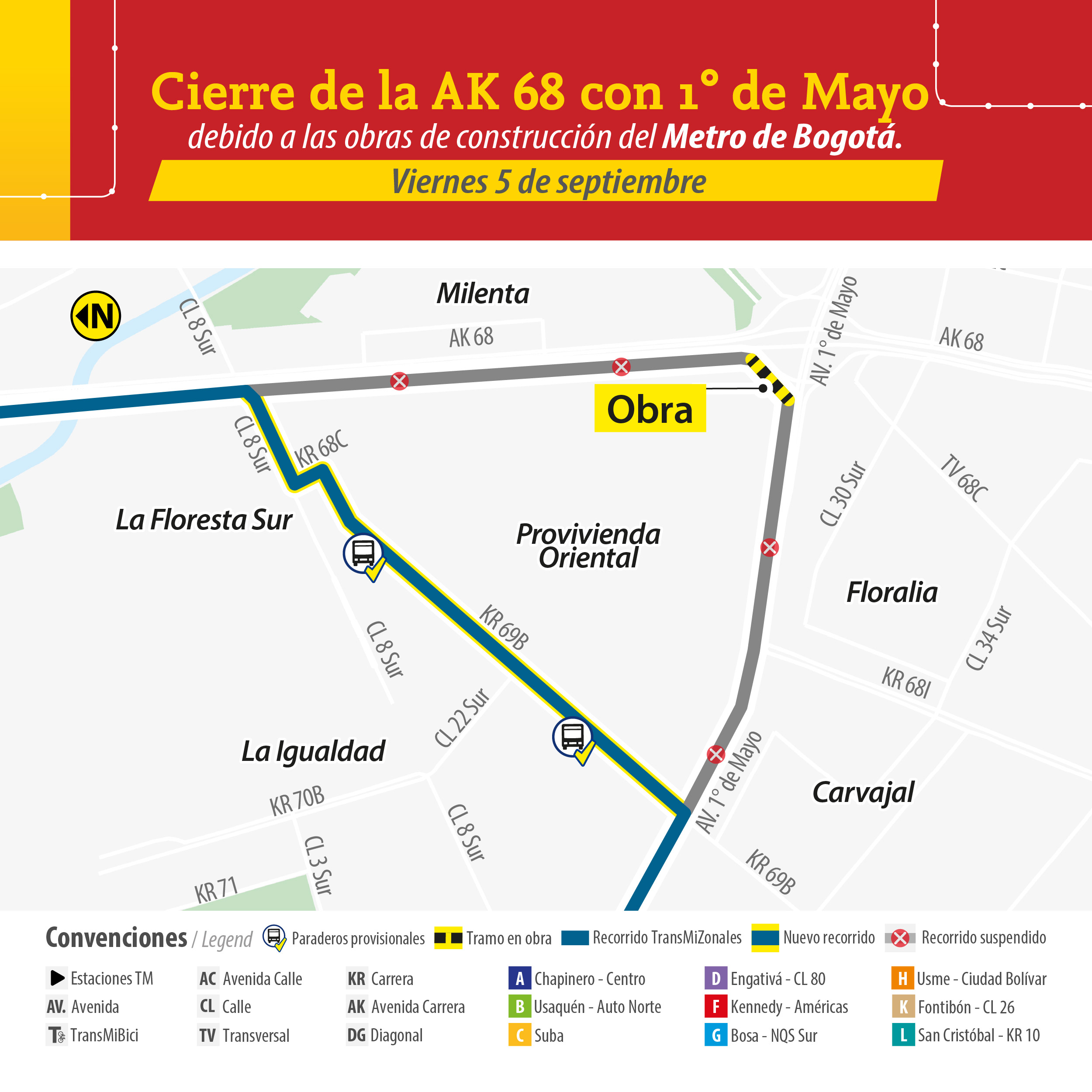 Novedades en 9 rutas TransMiZonal por obras Metro de Bogotá