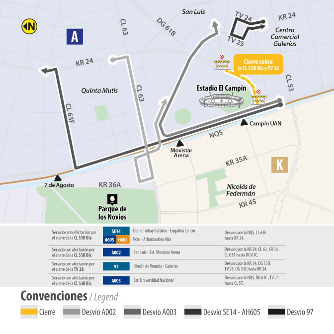 Bogotá desvíos TransMiZonales por encuentro entre Santa Fe y Peñarol