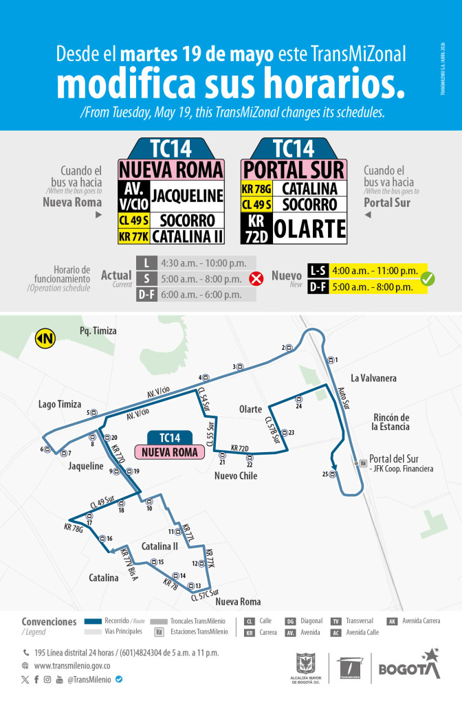 Ruta TC14 modificó sus horarios de operación en Bogotá