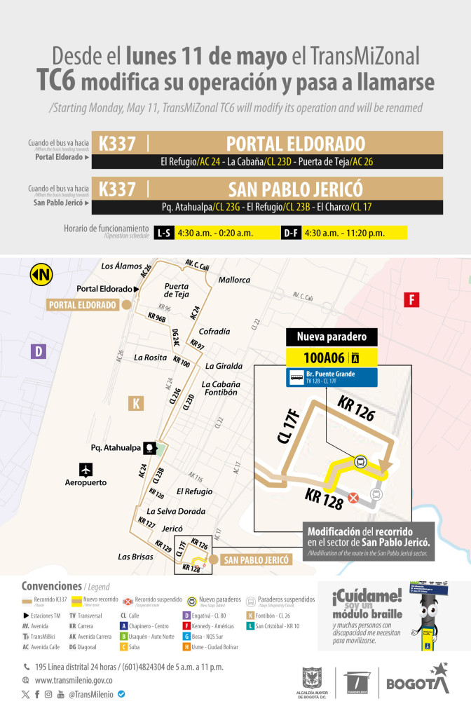 Ruta TransMiZonal TC6 pasó a llamarse K337 en Bogotá