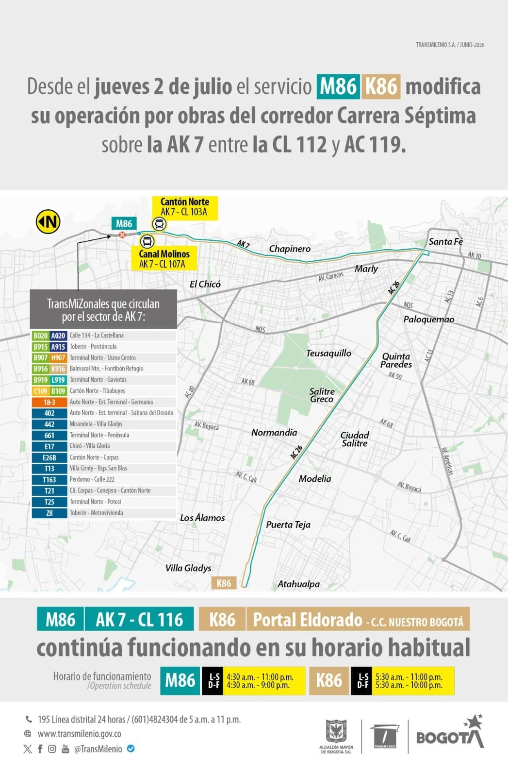 Ruta dual MK86 de TransMilenio modifica su operación en ls carrera Séptima Bogotá por obras