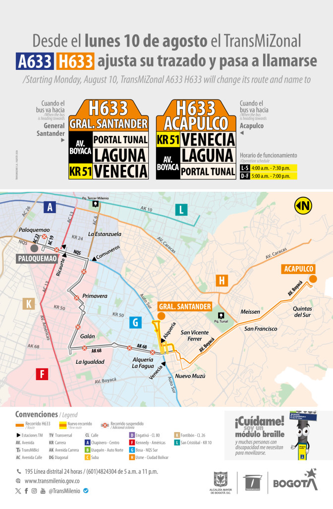Movilidad Bogotá ruta TransMiZonal A633 - H633 cambió de nombre