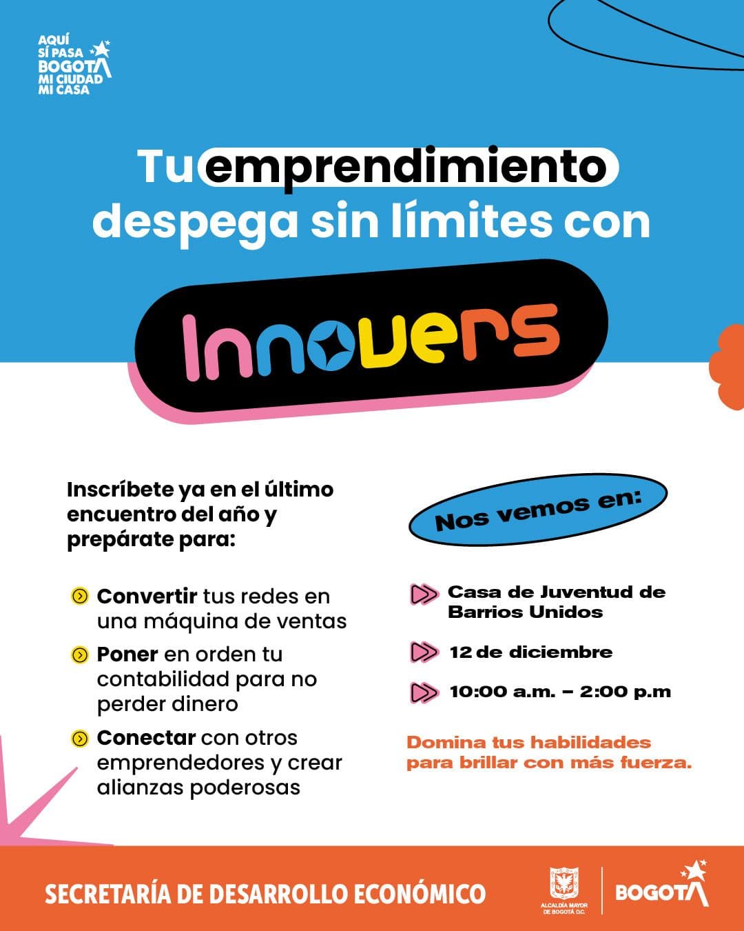 Taller gratis para emprendedores Innovers Bogotá viernes 12 de diciembre de 2025 invitación