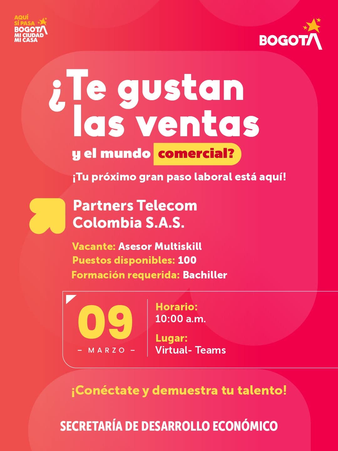 Trabajo Bogotá 100 vacantes asesores comerciales lunes 9 de marzo 2026