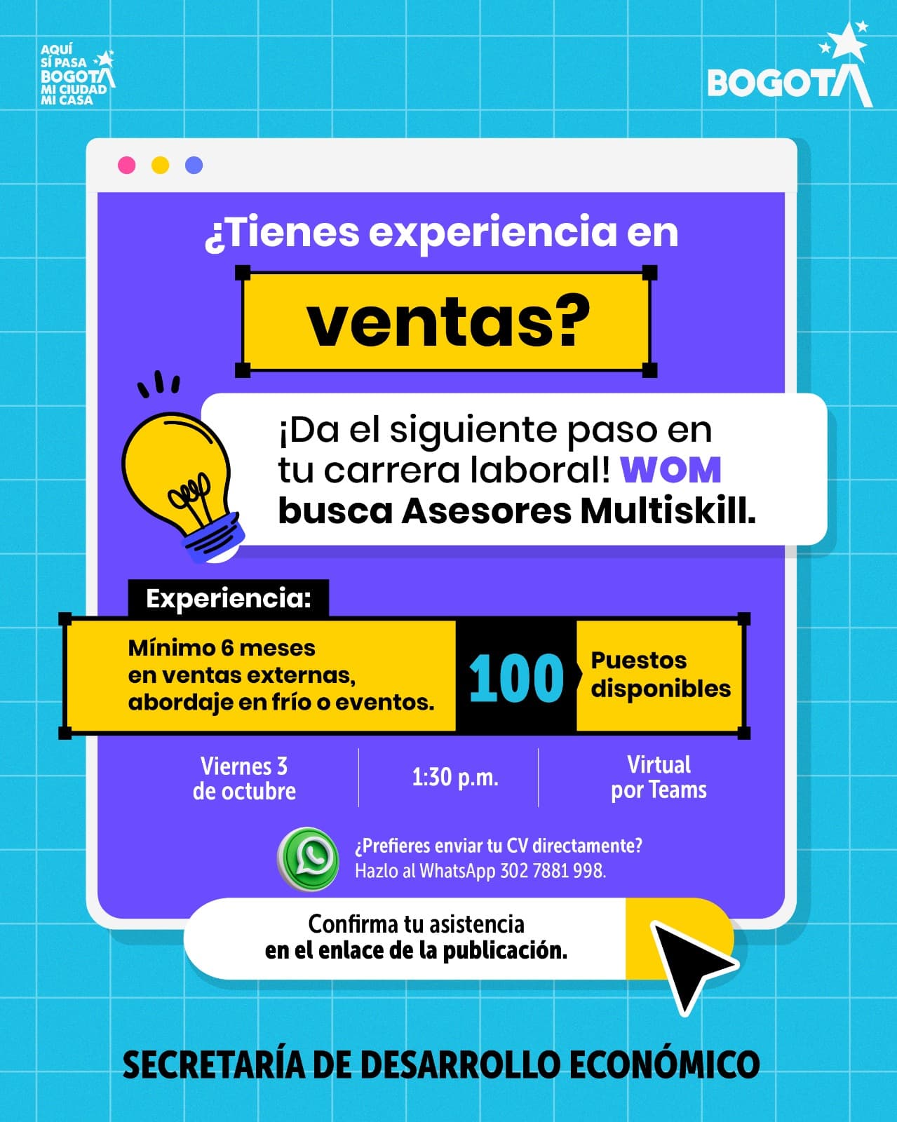 Trabajo Bogotá 100 vacantes asesores comerciales viernes 3 de octubre invitación