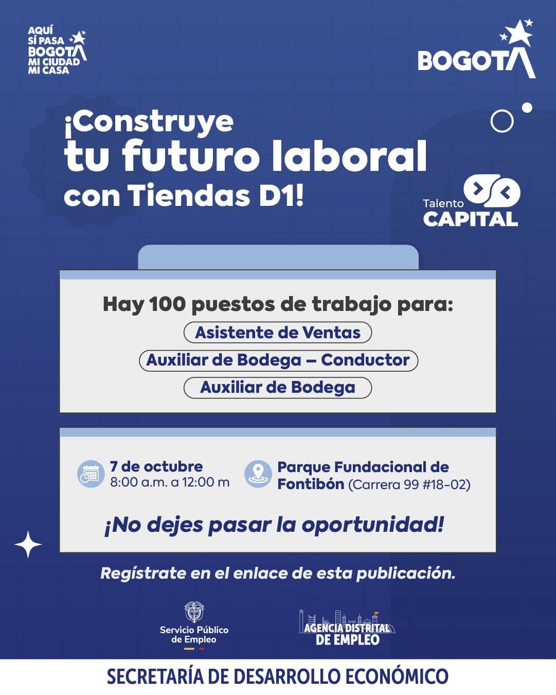 Trabajo Bogotá 100 vacantes para tiendas D1 martes 7 de octubre 2025 invitación