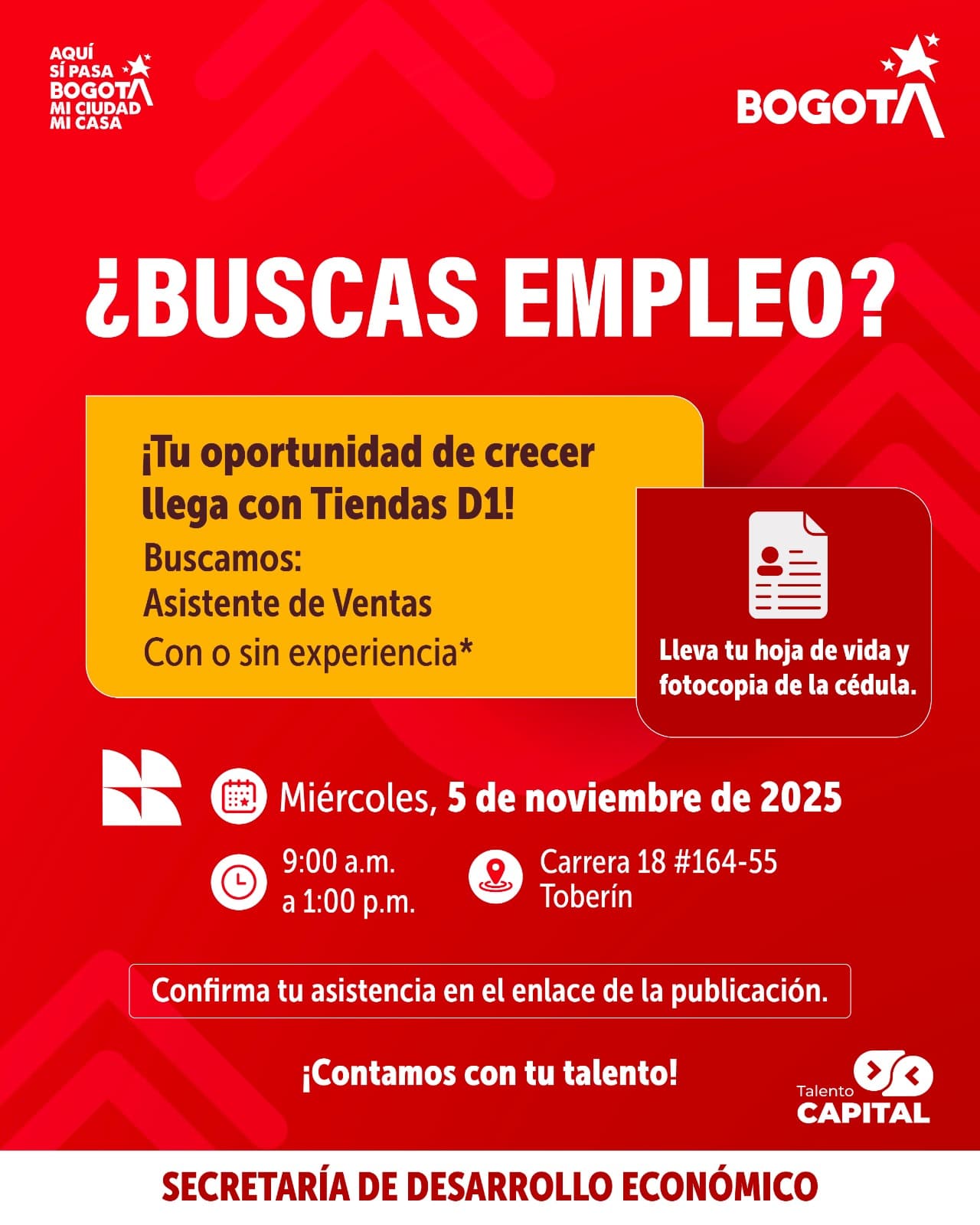 Trabajo Bogotá 100 vacantes para tiendas D1 miércoles 5 noviembre de 2025 invitación