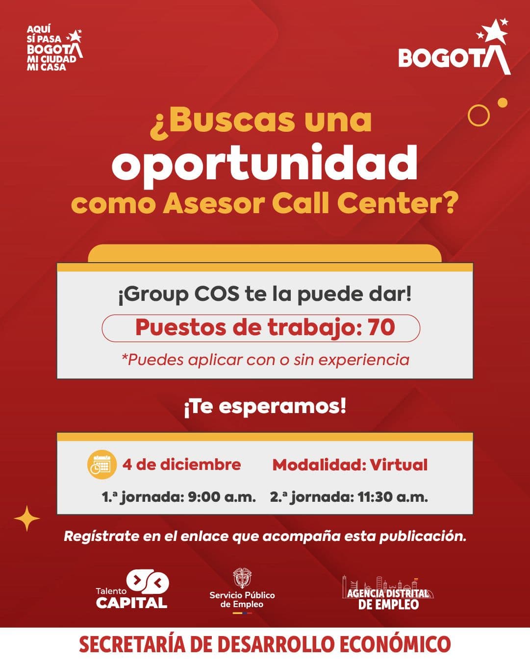 Trabajo Bogotá 70 vacantes asesores call center jueves 4 de diciembre de 2025 invitación