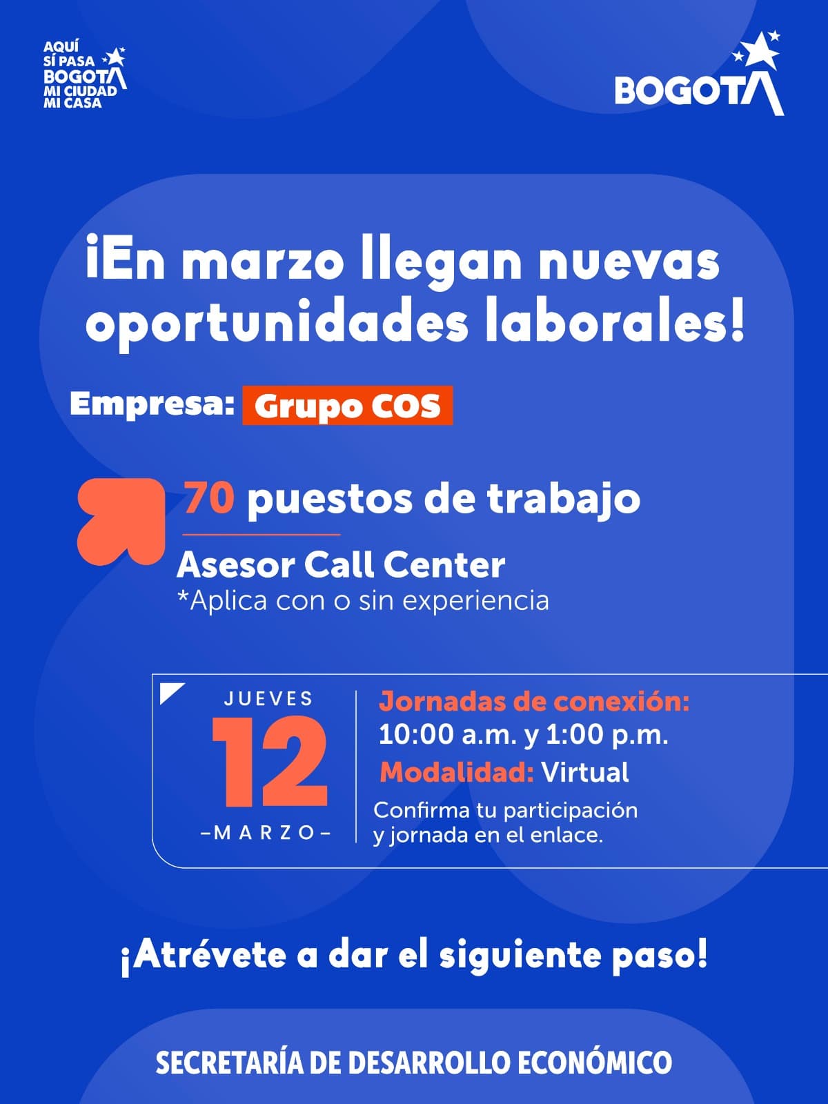 Trabajo Bogotá 70 vacantes asesores call center jueves de 12 de marzo de 2026 invitación