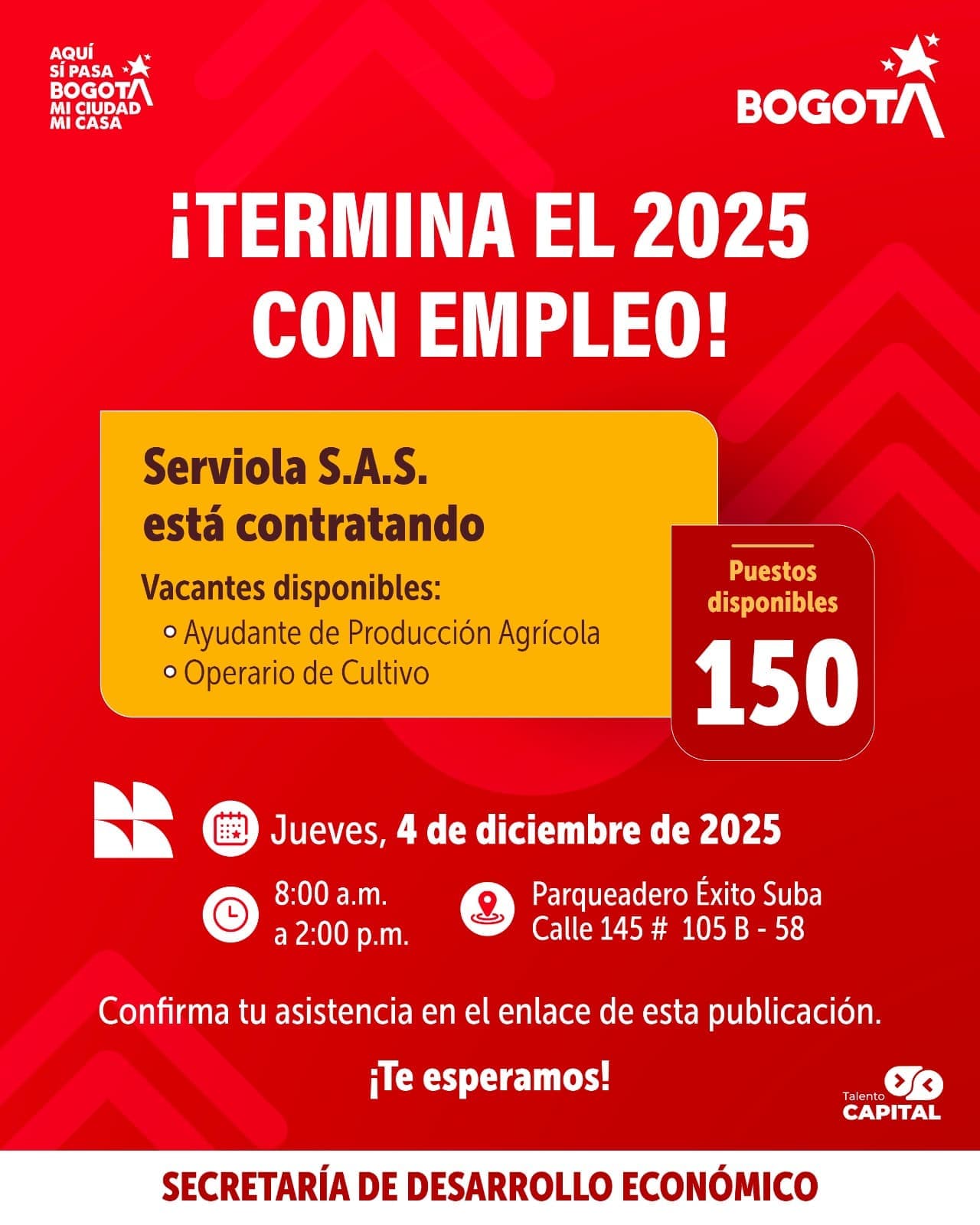 Trabajo en Bogotá 150 vacantes en producción agrícola jueves 4 de diciembre de 2025 invitación