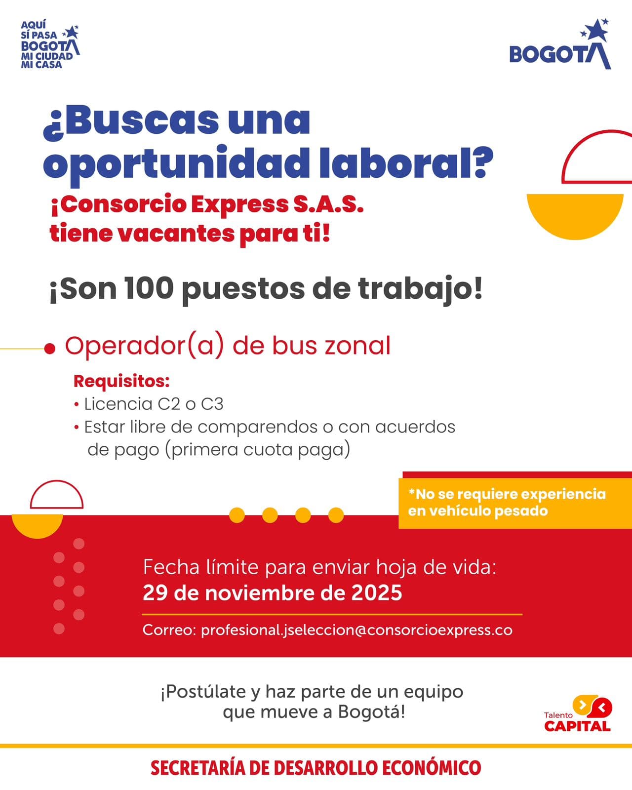 Trabajo en Bogotá accede a 100 vacantes conductores SITP hasta sábado 29 de noviembre de 2025 invitación