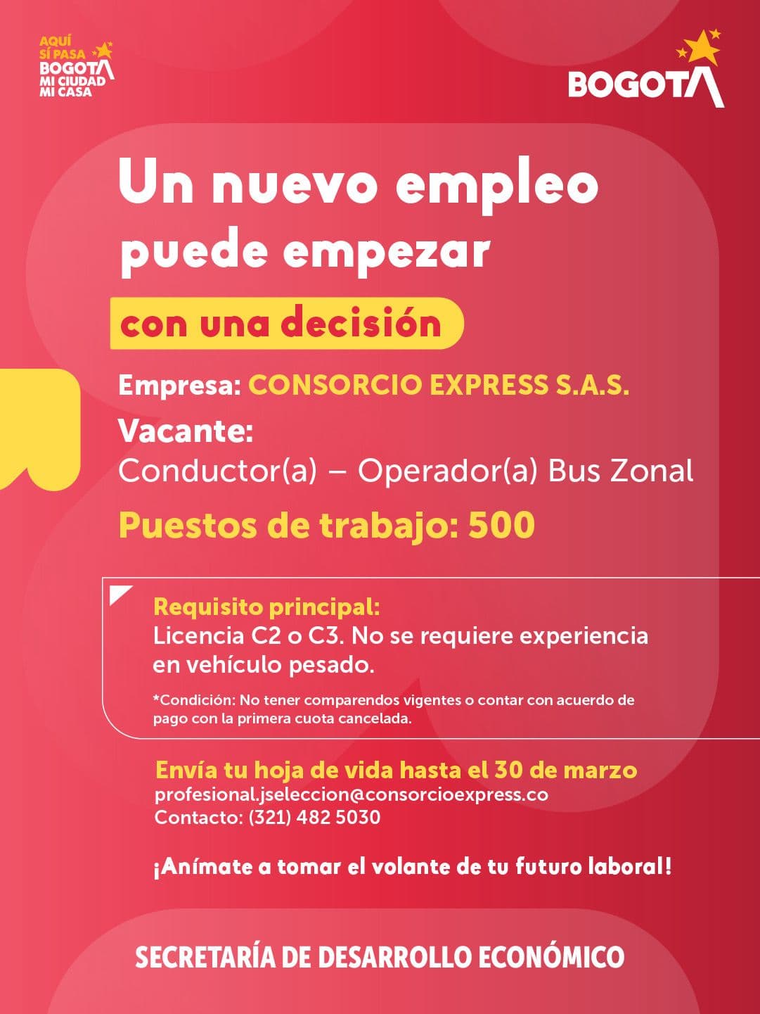 Trabajo en Bogotá accede a 500 vacantes de conductores SITP hasta este lunes 30 de marzo de 2026 invitación