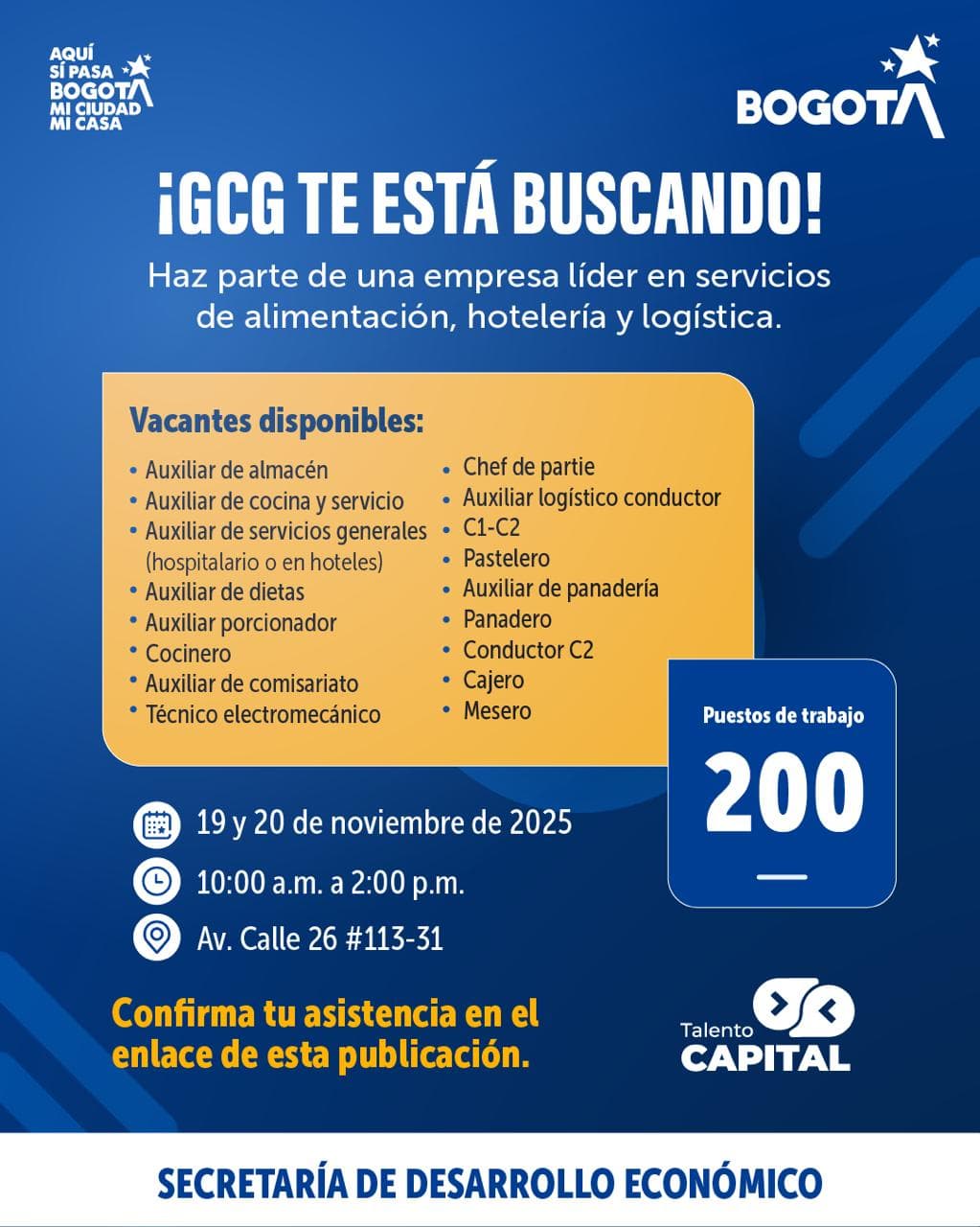 Trabajo sí hay Bogotá 200 vacantes Feria de Empleo miércoles 19 y jueves 20 noviembre de 2025 invitación
